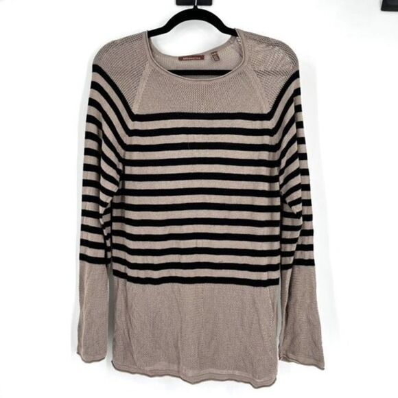525 America Sweater Striped open knit tunic length black tan XL loose knit long - Picture 1 of 6